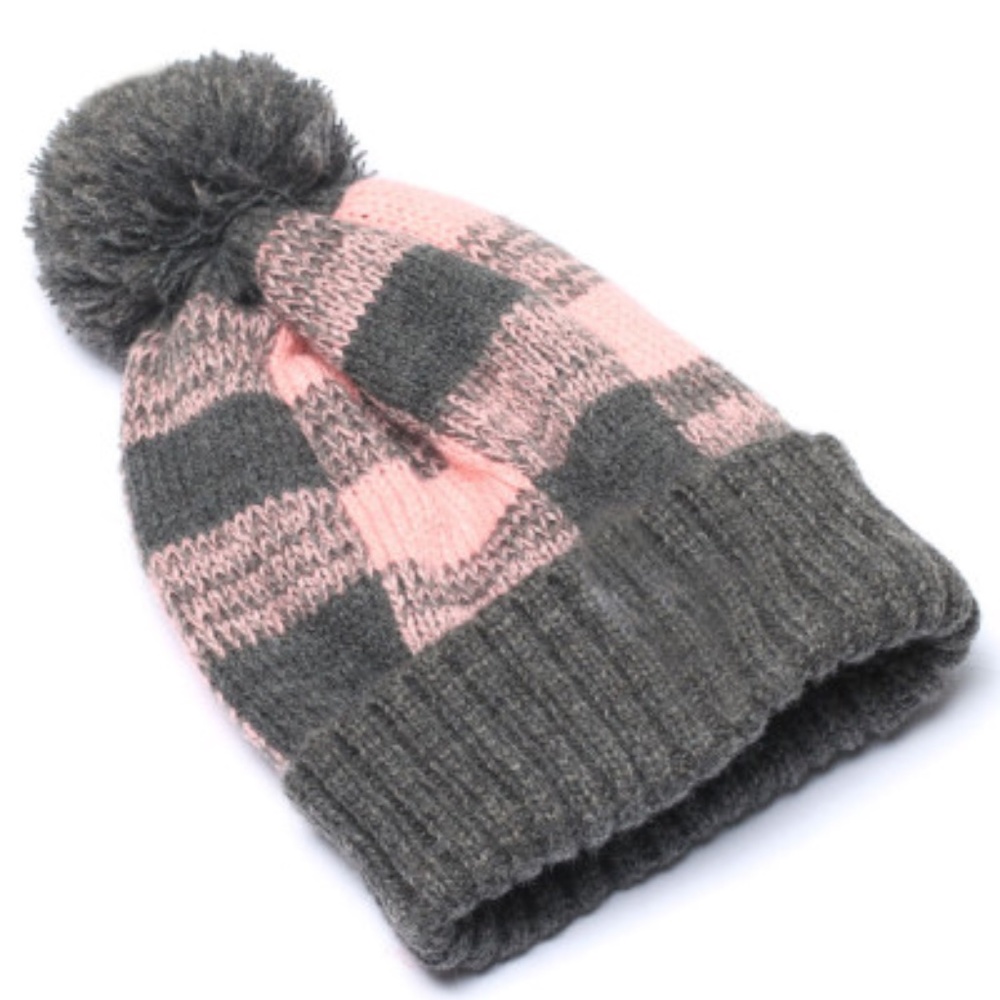 💝HP 11/30 Pink &gray  plaid knit beanie with Pom - Picture 2 of 2